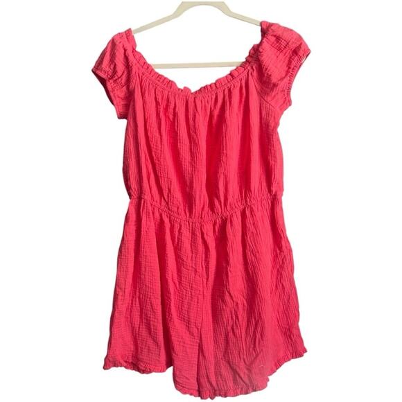BP Pink Seersucker Off Shoulder Romper L Ruffle Trim Tie Waist Cotton - Picture 4 of 7
